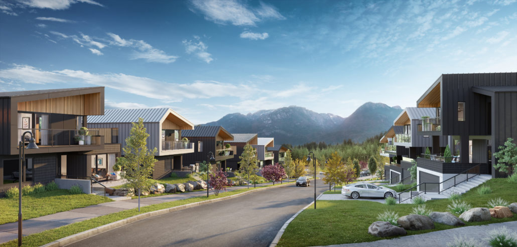 Street view rendering of modern houses with mountain views