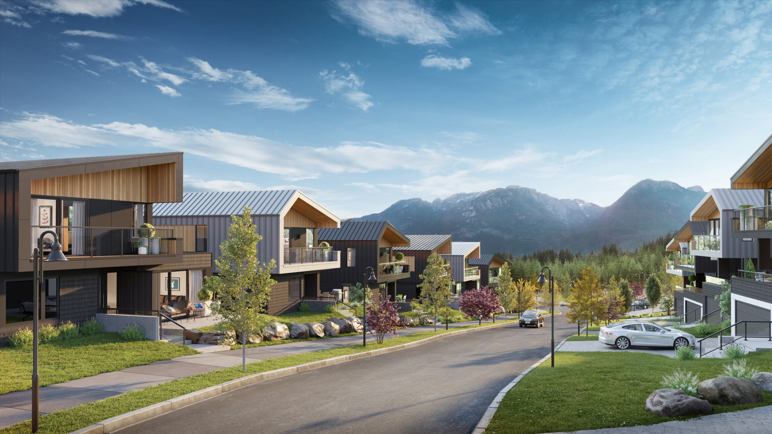 Rendering of a neighbourhood street view featuring dark and light modern homes and mountains in the background.